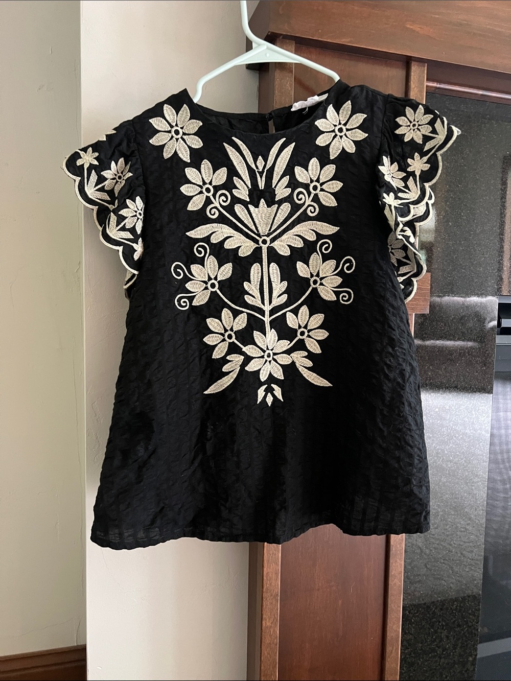 THML Black Flutter Sleeve Top with Cream Floral Embroidery - Picture 1 of 4